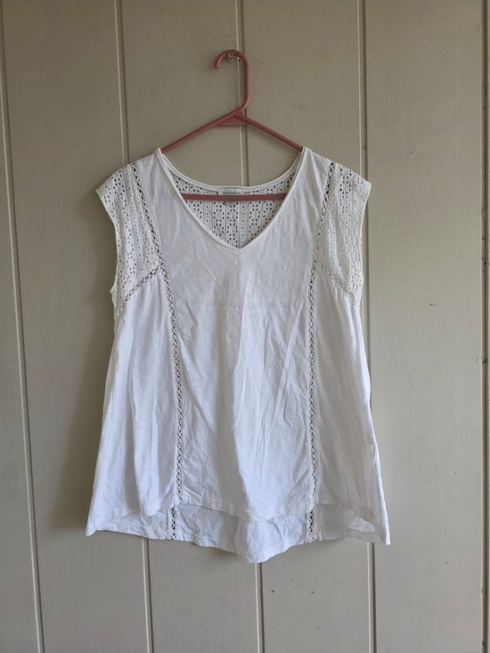 Sundance Dinah Eyelet V Neck Tee Shirt Embroidered White Medium Boho Cottagecore